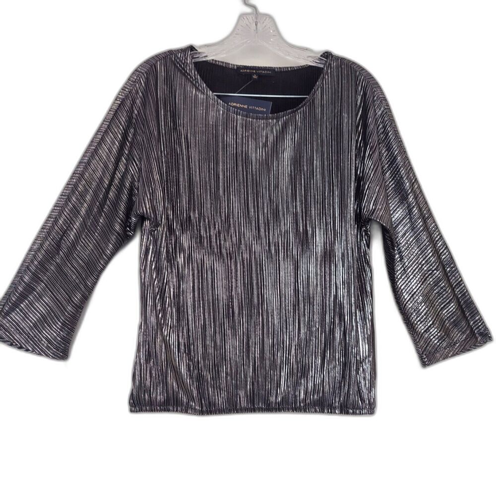 Adrienne Vittadini Metallic Top Silver Black Sparkle Blouse NWT Oversize Small